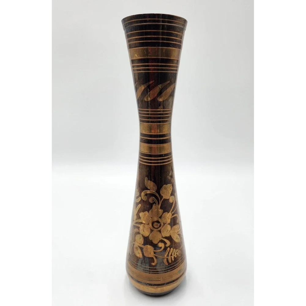 DECORATIVE‎ BRASS FLORAL ETCHED VASE INDIAN ORIGIN